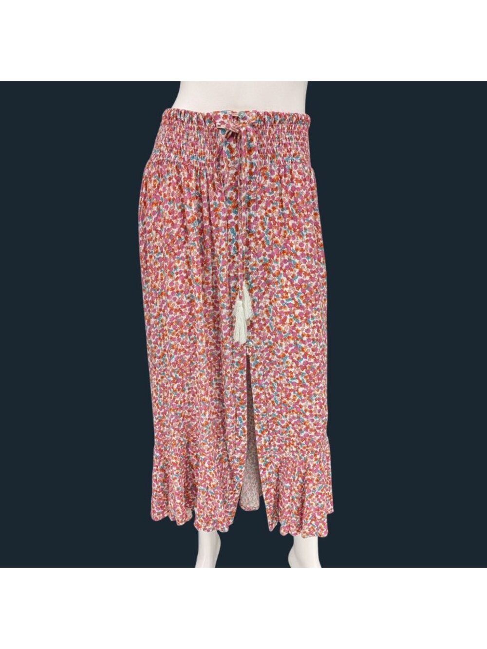 Rachel Zoe Ditsy Floral Maxi Skirt Smocked Ruffle Slit Front Tassel Boho Medium